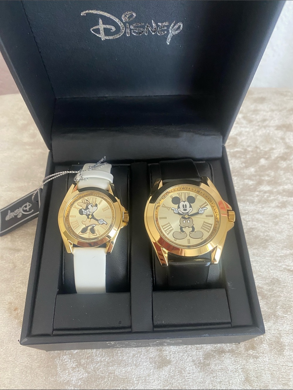 Disney His and Hers Gold-Tone Mickey Mouse Pair Watch Set - Black & White Straps